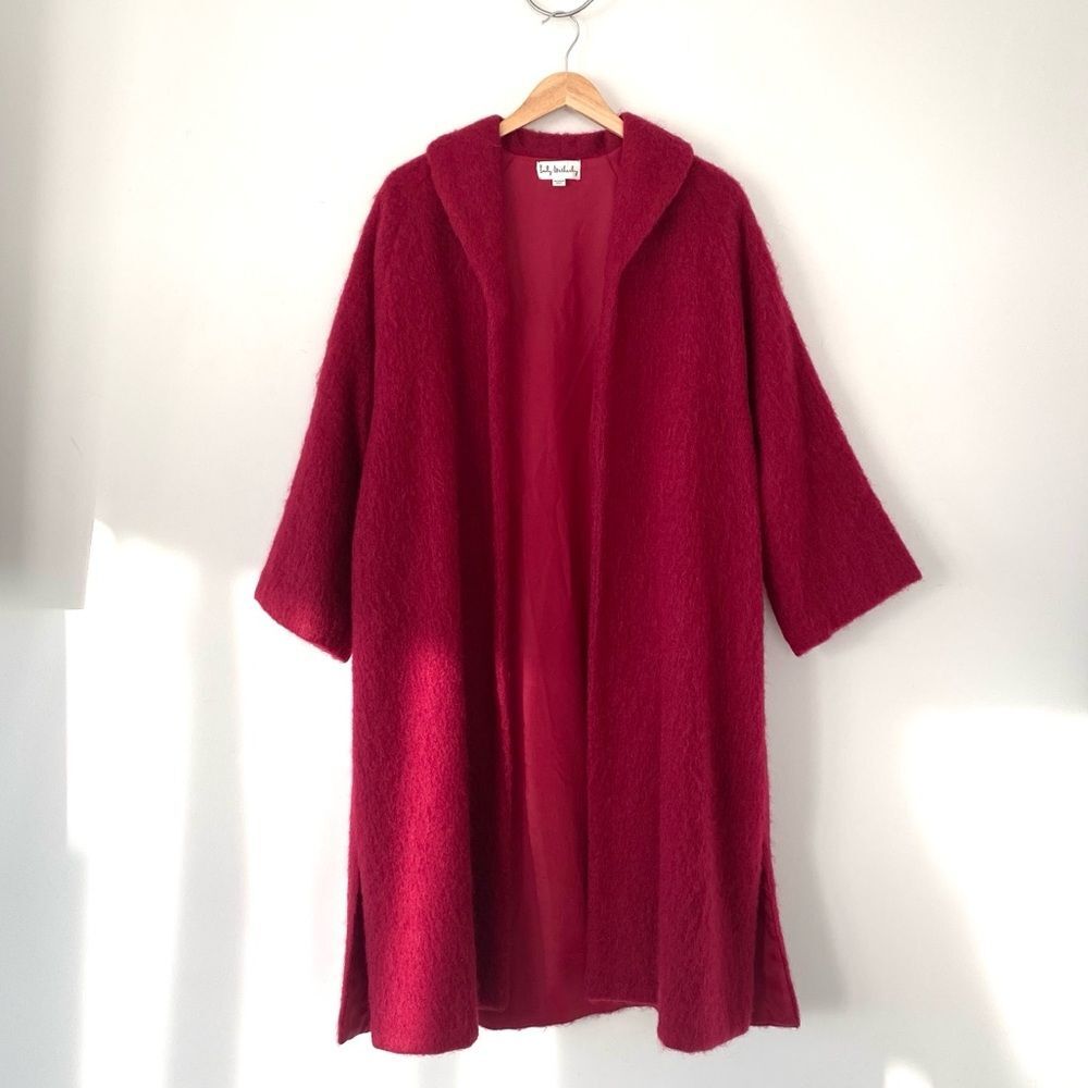 VTG Emily Wetherby Rich Red Open Front Long Dress Coat Mohair Old Money Chic